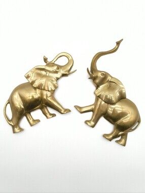 Vintage Mid Century Brass Elephant Wall Plaques Set of 2 Lucky Trunk Up MCM